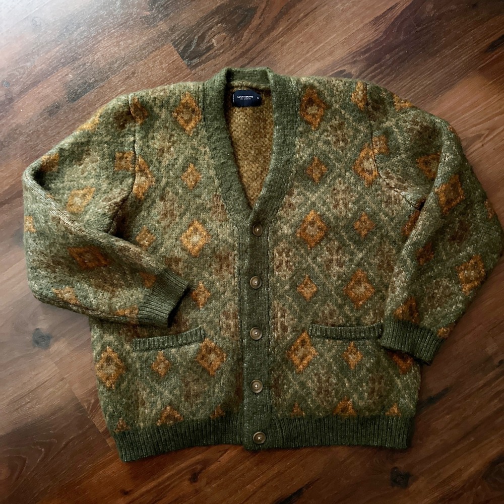 Lucky Brand Long Sleeve Diamond Pattern Green Cardigan Sweater Mens Size XL